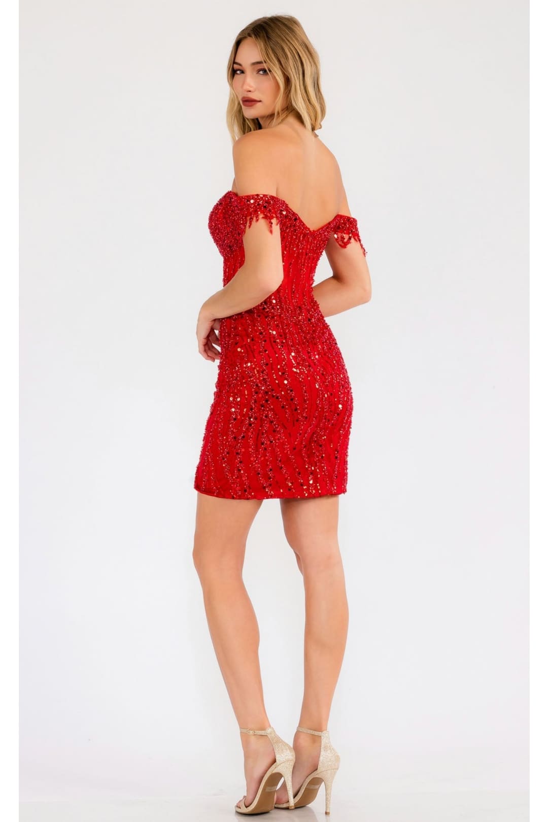 Sequin Short Off-Shoulder Dress with Slit by Juliet JT919L - Dress