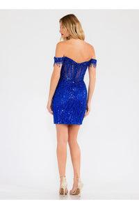 Sequin Short Off Shoulder Slit Dress by Juliet JT919L - Short Cocktail Dresses