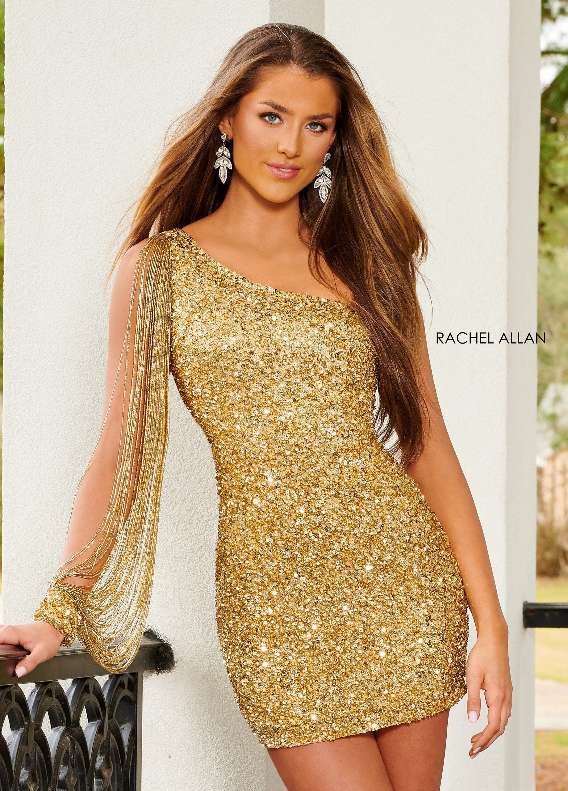 Rachel Allan 40201 Sequin Short One Shoulder Fringe Dress