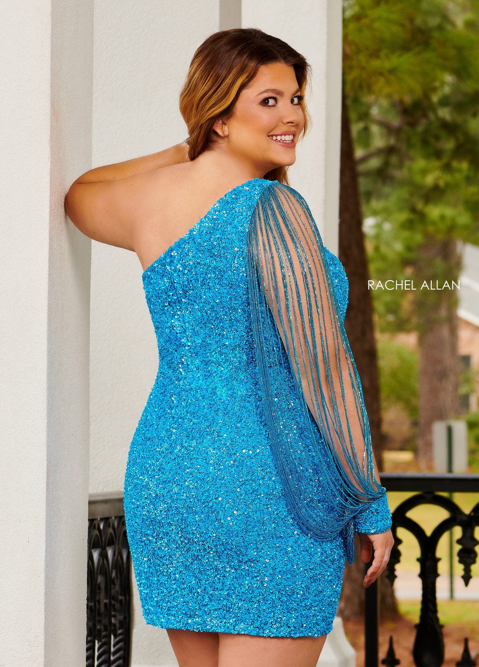 Rachel Allan 40201 Sequin Short One Shoulder Fringe Dress