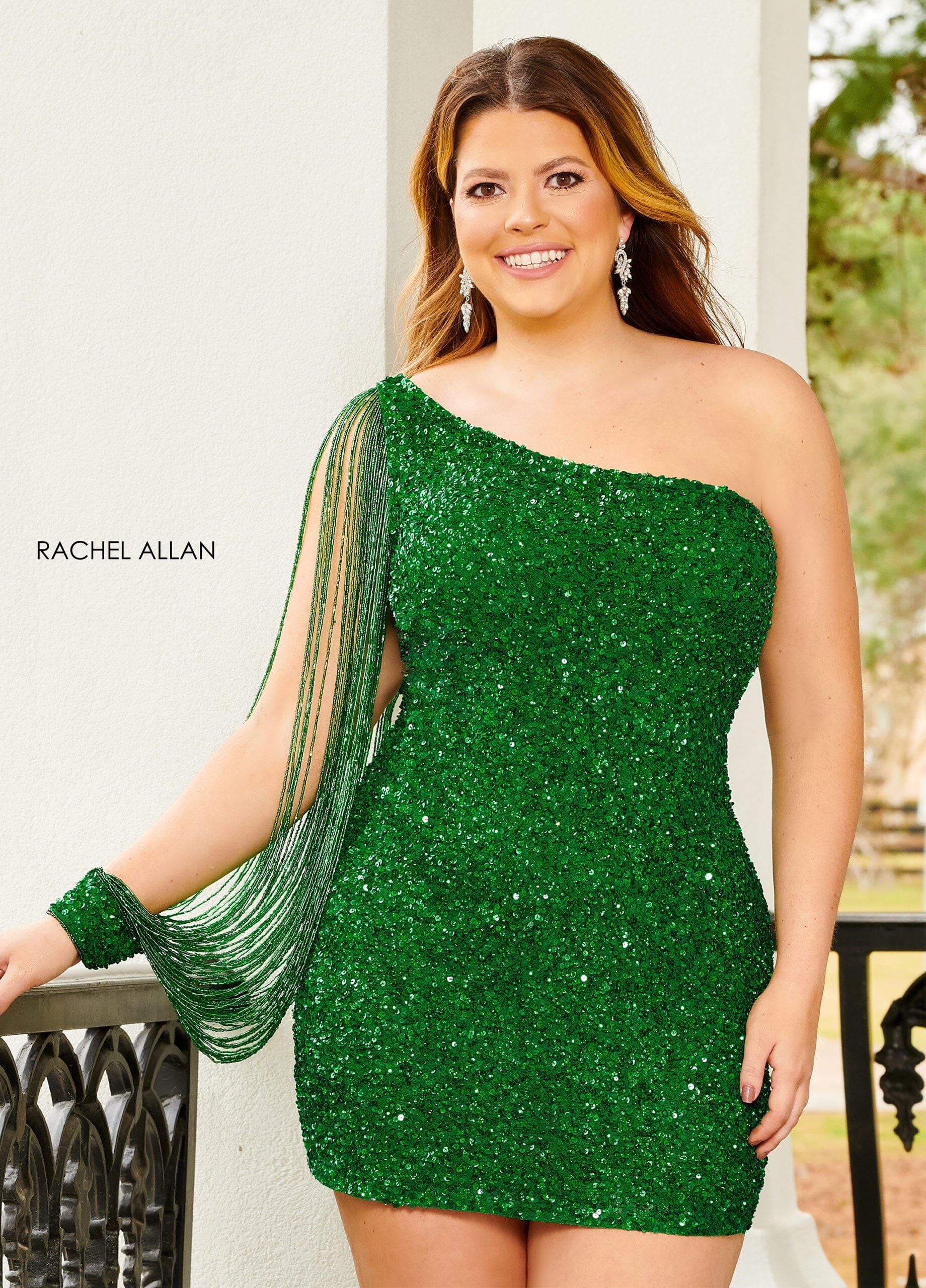 Rachel Allan 40201 Sequin Short One Shoulder Fringe Dress