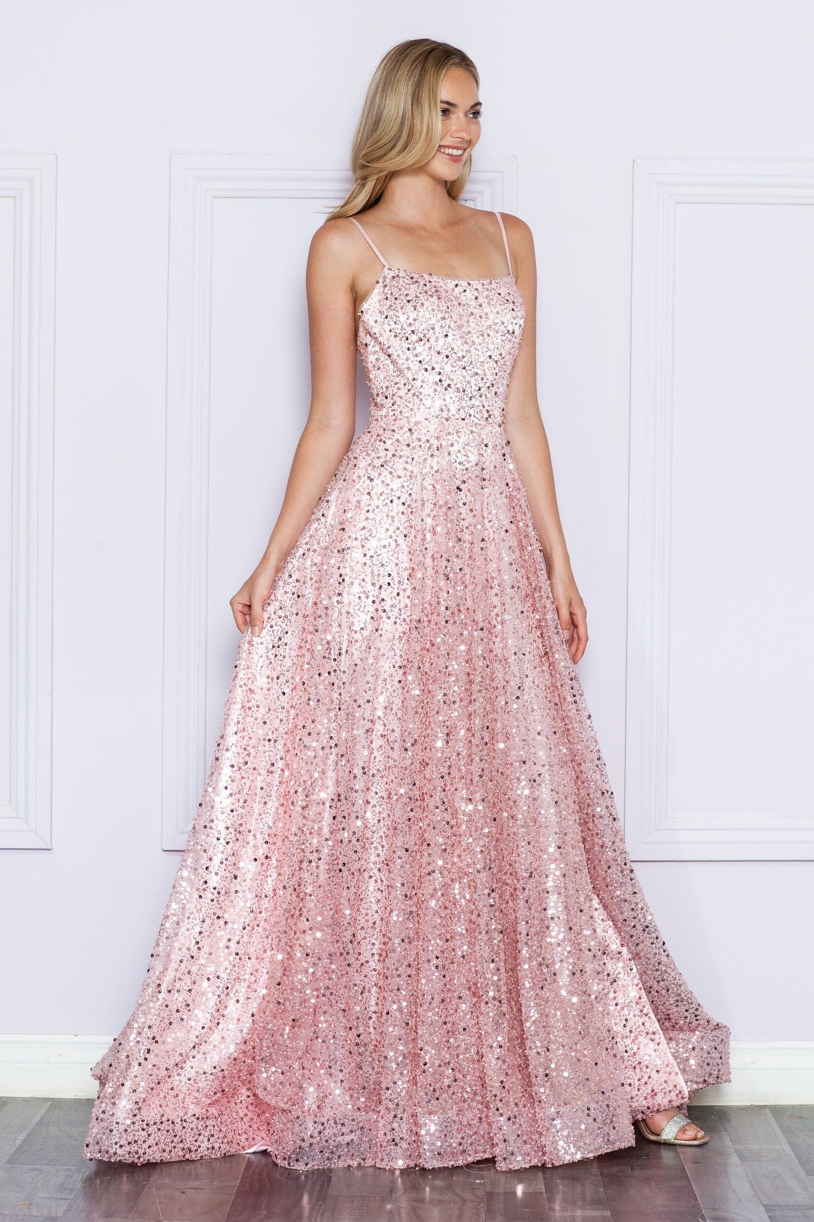Poly USA 9290 Sequin Sleeveless A-line Slit Gown