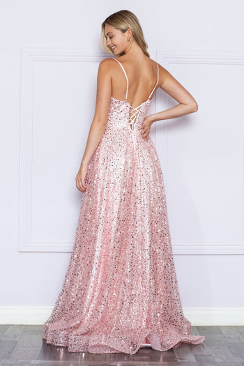 Poly USA 9290 Sequin Sleeveless A-line Slit Gown