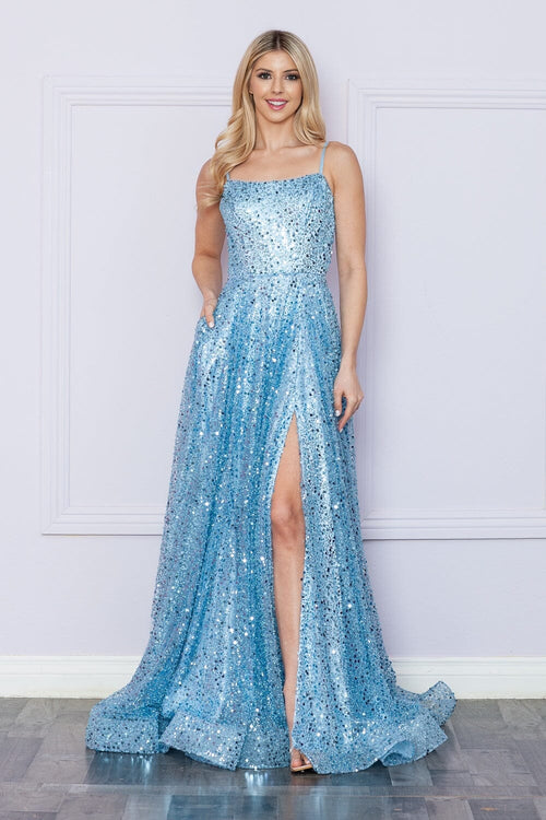 Poly USA 9290 Sequin Sleeveless A-line Slit Gown