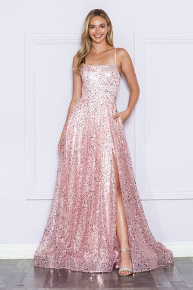 Poly USA 9290 Sequin Sleeveless A-line Slit Gown