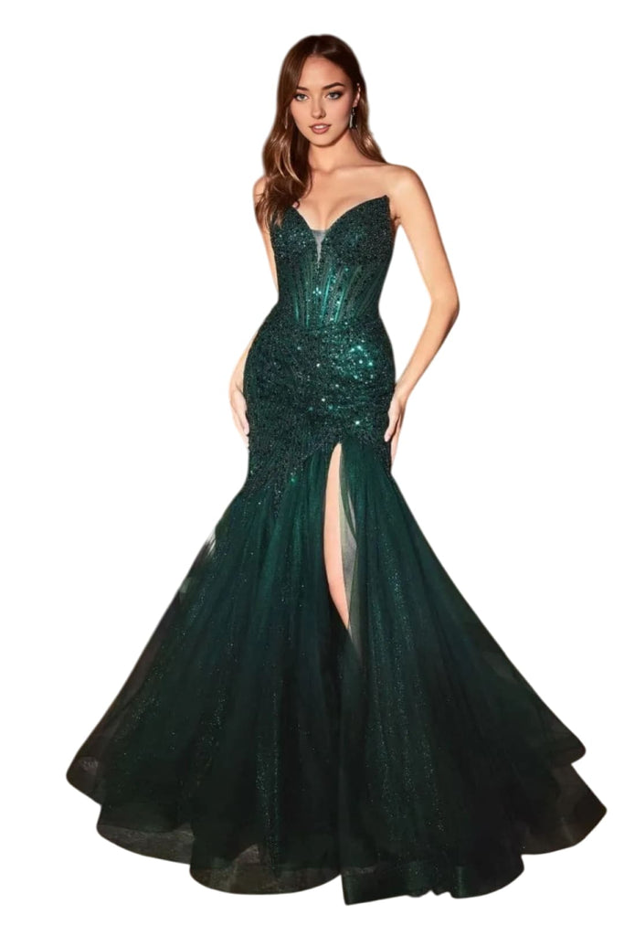 Sexy Strapless Beaded Bustier Long Prom Dress 2025 Formal Evening Gown - EMERALD GREEN / 2 - Dress