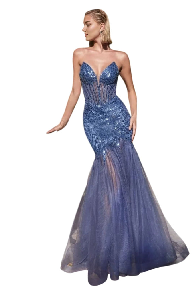 Sexy Strapless Beaded Bustier Long Prom Dress 2025 Formal Evening Gown - LAPIS BLUE / 2 - Dress