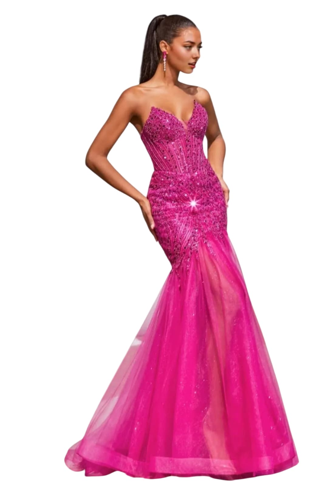 Sexy Strapless Beaded Bustier Long Prom Dress 2025 Formal Evening Gown - MAGENTA / 2 - Dress