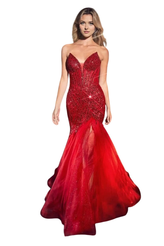 Sexy Strapless Beaded Bustier Long Prom Dress 2025 Formal Evening Gown - RED / 2 - Dress