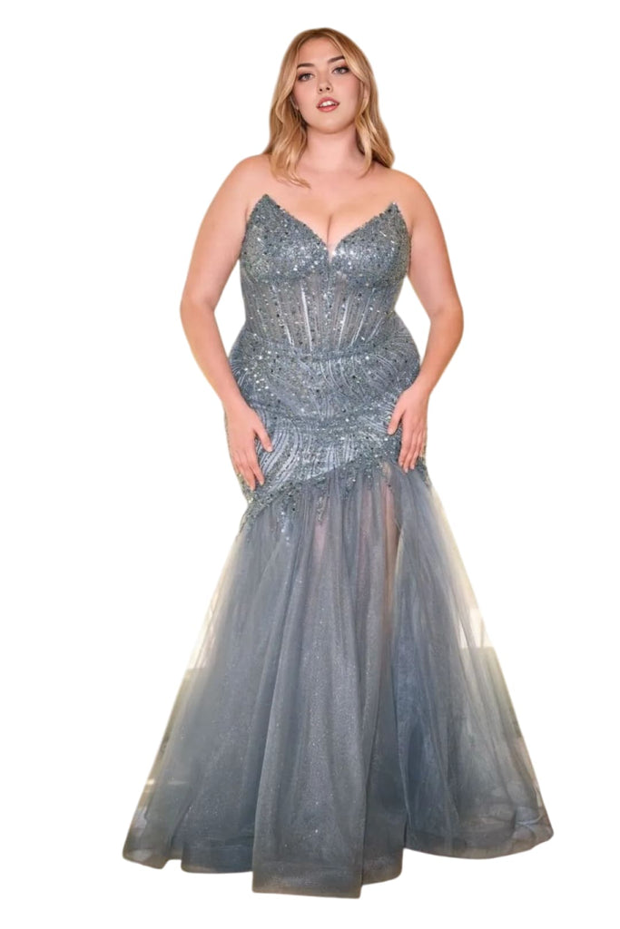 Sexy Strapless Beaded Bustier Long Prom Dress 2025 Formal Evening Gown - SMOKY BLUE / 2 - Dress