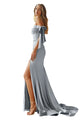 Sexy Stretchy Bow Straps Long Prom Dress 2025 Elegant Evening Gown - DUSTY BLUE / 4 - Dress