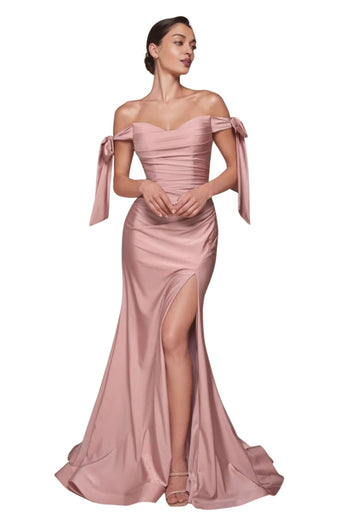 Sexy Stretchy Bow Straps Long Prom Dress 2025 Elegant Evening Gown - DUSTY ROSE / 4 - Dress