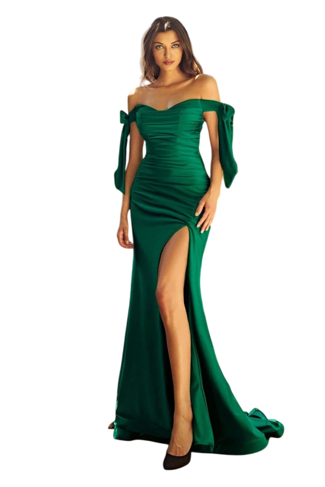 Sexy Stretchy Bow Straps Long Prom Dress 2025 Elegant Evening Gown - EMERALD GREEN / 4 - Dress