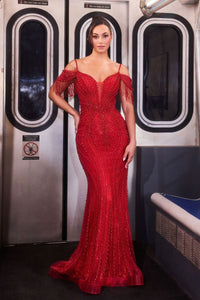 Off Shoulder Beaded Mermaid Evening Gown with Fringe Sleeves by Cinderella Divine SF209