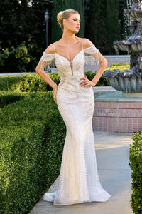 Off-Shoulder Mermaid Wedding Gown with Fringe Sleeves Fitted Dress by Cinderella Divine SF209W