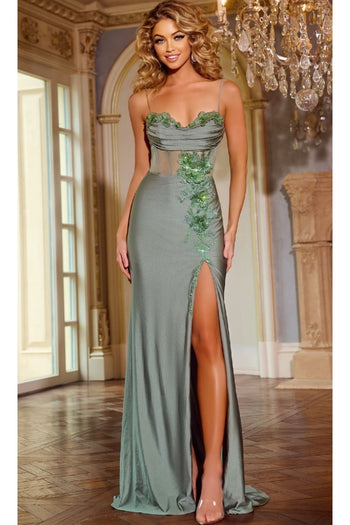 Sheer-Floral Corset Long Prom Dress: Jovani 42227 - Seafoam / 00 - Apparel & Accessories > Clothing > Dresses
