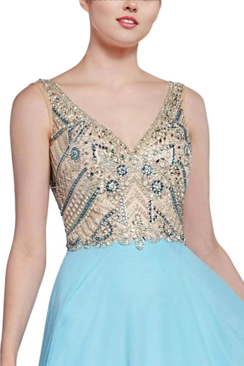 Sheer Long Bell Sleeves Beaded Gown 2025 Elegant Formal Dress - Sky Blue / 2 - Prom