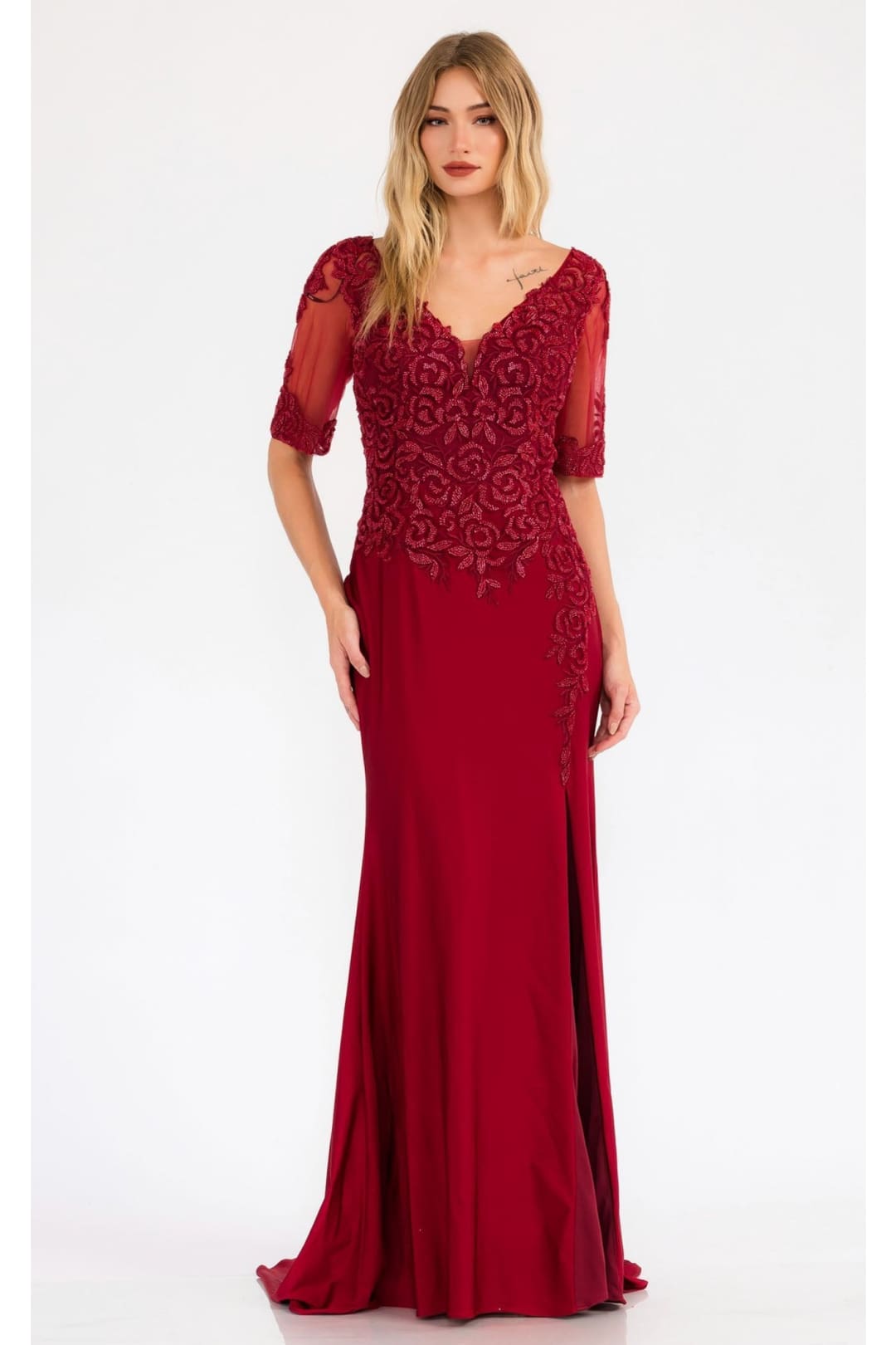affordable burgundy bridesmaid dresses Dresses-Inexpensive Sheer Sleeve Gown Juliet JTM15L Burgundy / 3XL Jane Burgundy T-Shirt Maxi presidents day Back Details Size:15.5 x 35