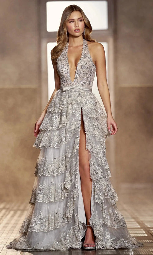 Sherri Hill 56706 – Plunging Halter Beaded Lace Gown