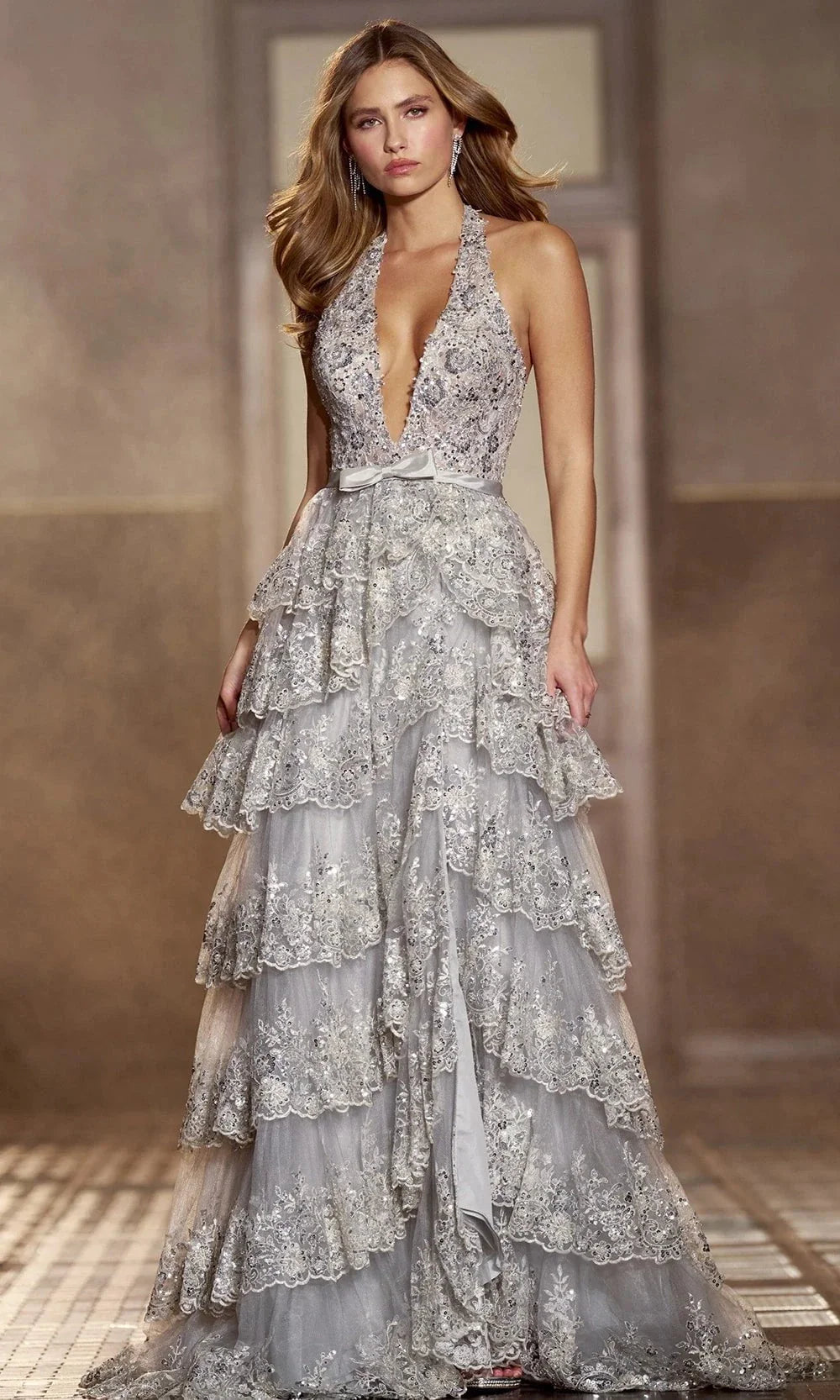 Sherri Hill 56706 – Plunging Halter Beaded Lace Gown