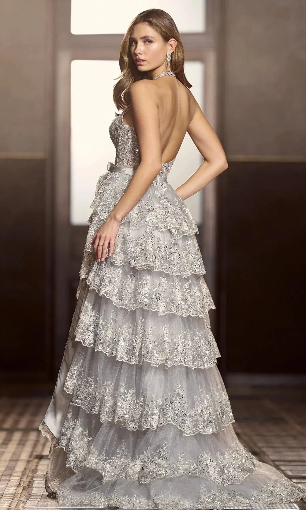 Sherri Hill 56706 – Plunging Halter Beaded Lace Gown