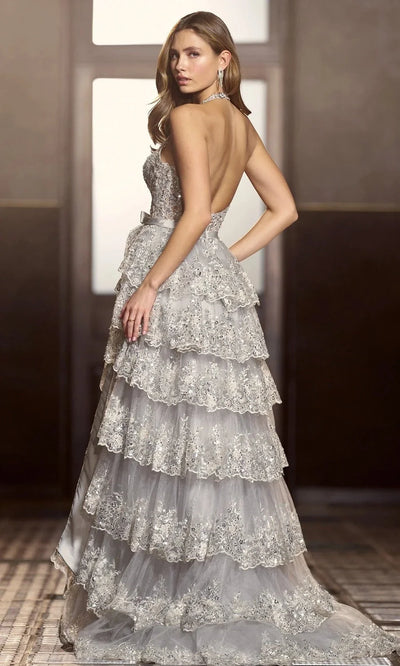 Sherri Hill 56706 – Plunging Halter Beaded Lace Gown