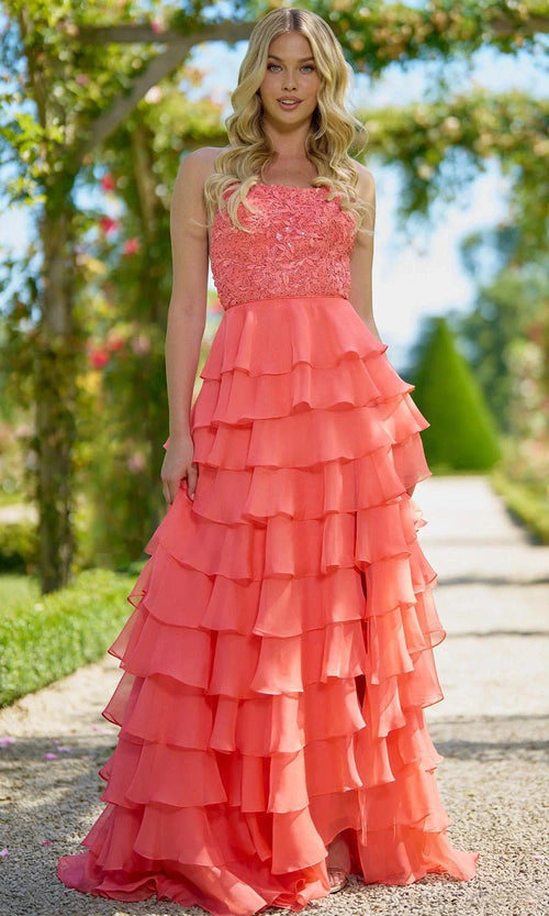 Sherri Hill 56866 - Leaf Lace Scoop Neck Chiffon Gown Prom Dresses 000 / Coral
