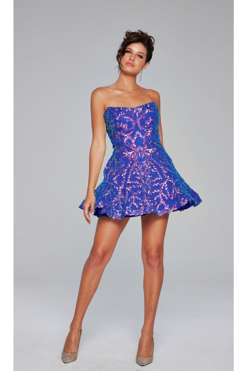 Short Blue Sequin-Print Hoco Dress: Jovani 39927 - Apparel & Accessories > Clothing > Dresses