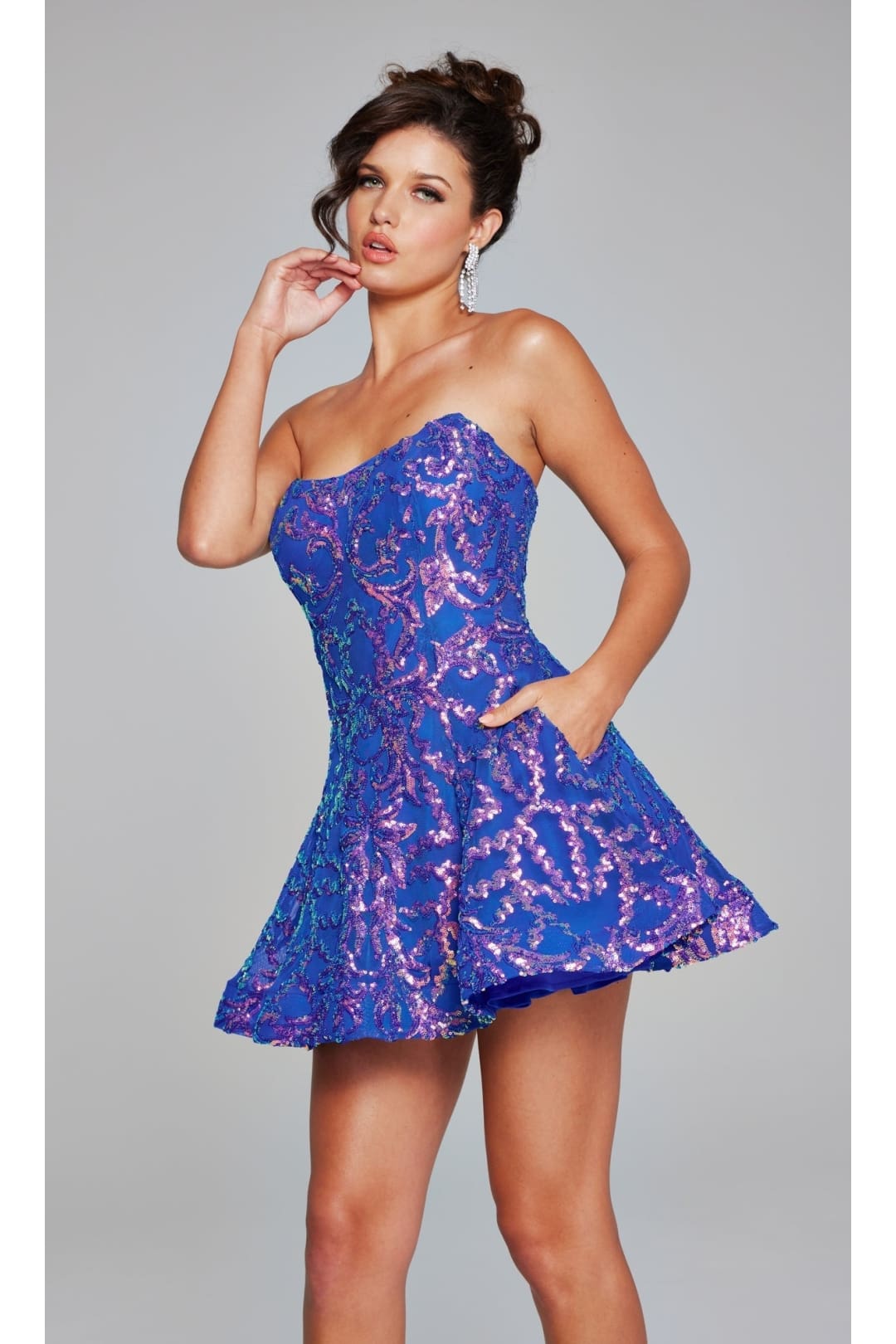 Short Blue Sequin-Print Hoco Dress: Jovani 39927 - Iridescent Ocean / 00 - Apparel & Accessories > Clothing > Dresses