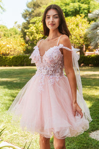 Short Cold Shoulder Bow Dress by Elizabeth K GS3513 - XS / Blush - Short Cocktail Dresses