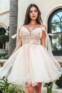 Short Cold Shoulder Bow Dress by Elizabeth K GS3513 - XS / Champagne - Short Cocktail Dresses