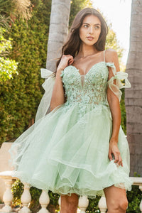 Short Cold Shoulder Bow Dress by Elizabeth K GS3513 - XS / Sage - Short Cocktail Dresses