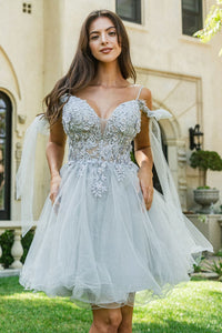 Short Cold Shoulder Bow Dress by Elizabeth K GS3513 - XS / Silver - Short Cocktail Dresses
