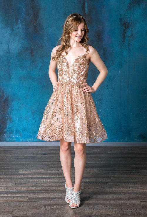 Calla KY74028 Short Deep Sweetheart Glitter Dress