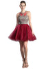 Short Dress 2025 Lace Appliqued Strappy Party Gown - Burgundy Gold / XXS - Prom