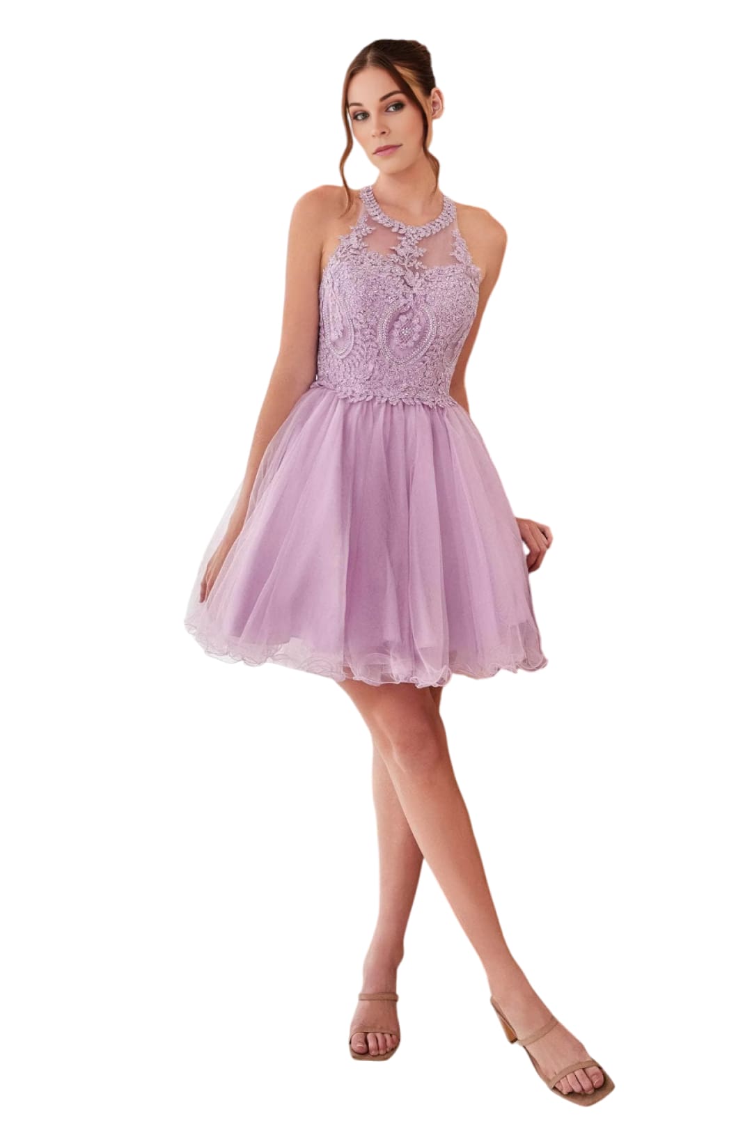 Short Dress 2025 Lace Appliqued Strappy Party Gown - Lavender / XXS - Prom