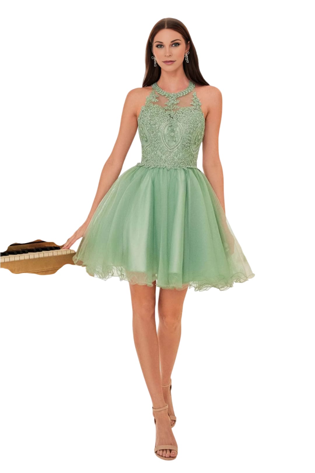 Short Dress 2025 Lace Appliqued Strappy Party Gown - Sage / XXS - Prom