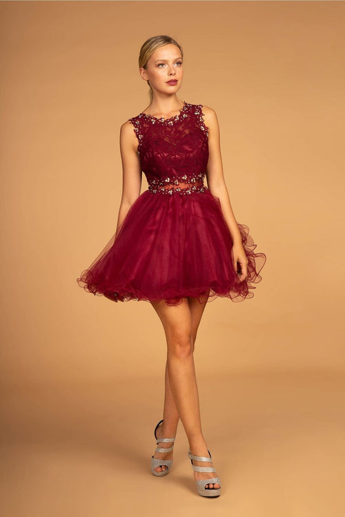 Short Dress with Lace Bodice and Sheer Waistline by Elizabeth K GS1427 - S / Burgundy - Short Cocktail Dresses