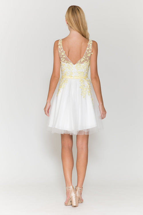 Poly USA 8696 Short Floral Applique Dress