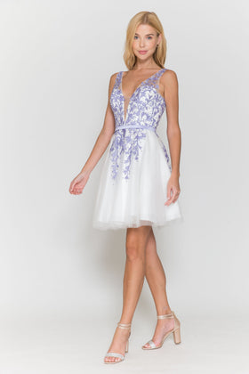 Poly USA 8696 Short Floral Applique Dress
