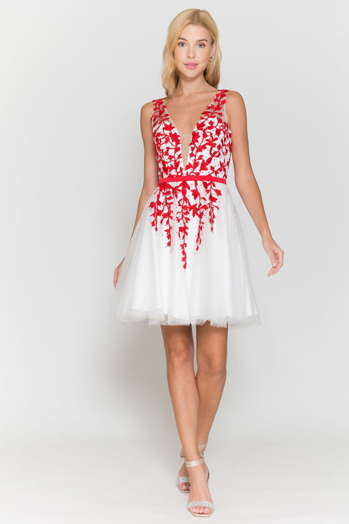 Poly USA 8696 Short Floral Applique Dress