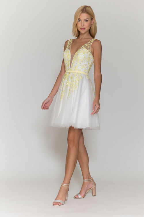 Poly USA 8696 Short Floral Applique Dress