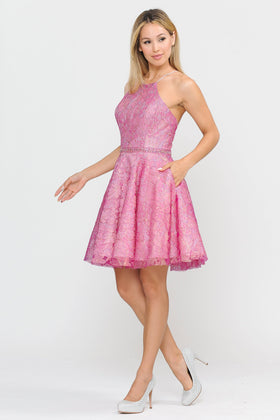 Poly USA 8410 Short Glitter Print Dress with Pockets