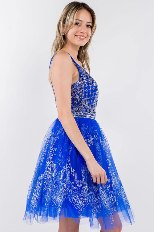 Short Glitter Print V-Neck Dress by Elizabeth K GS1965 - Short Cocktail Dresses