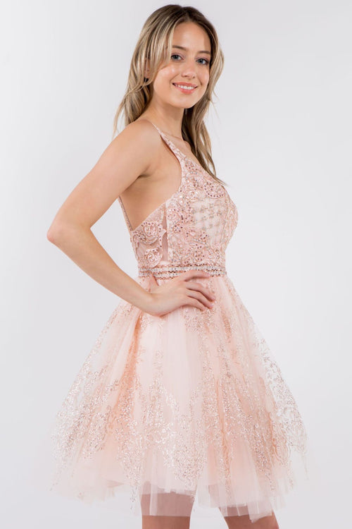 Short Glitter Print V-Neck Dress by Elizabeth K GS1965 - Short Cocktail Dresses