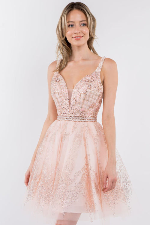 Short Glitter Print V-Neck Dress by Elizabeth K GS1965 - Short Cocktail Dresses