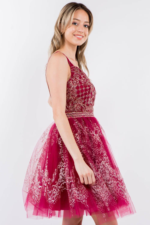 Short Glitter Print V-Neck Dress by Elizabeth K GS1965 - Short Cocktail Dresses
