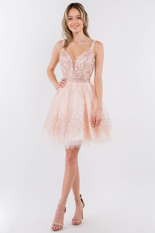 Short Glitter Print V-Neck Dress by Elizabeth K GS1965 - XS / Blush - Short Cocktail Dresses