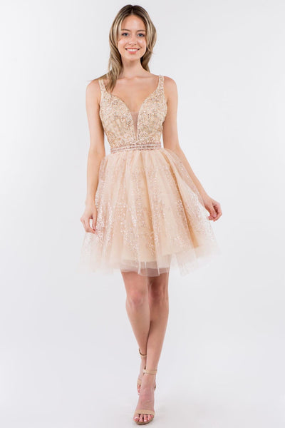 Short Glitter Print V-Neck Dress by Elizabeth K GS1965 - XS / Champagne - Short Cocktail Dresses