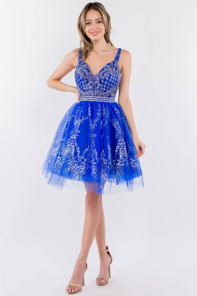Short Glitter Print V-Neck Dress by Elizabeth K GS1965 - XS / Royal Blue - Short Cocktail Dresses